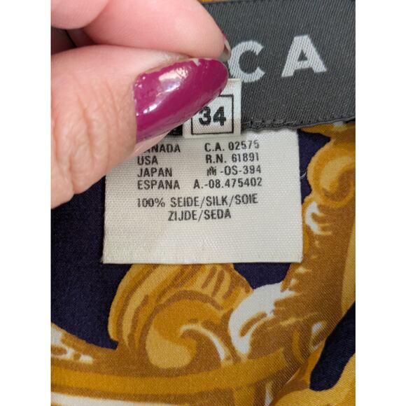 Crisca Tunic Blouse Women 34 Baroque Print 100% Silk Long Sleeve Flowy Navy Gold - Picture 8 of 16